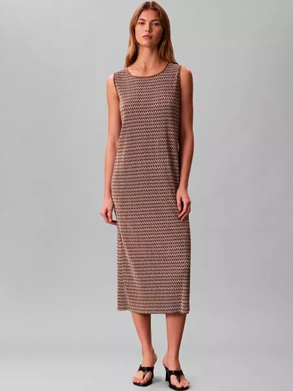 Calvin Klein Tan Textured Plisse Print Midi Dress